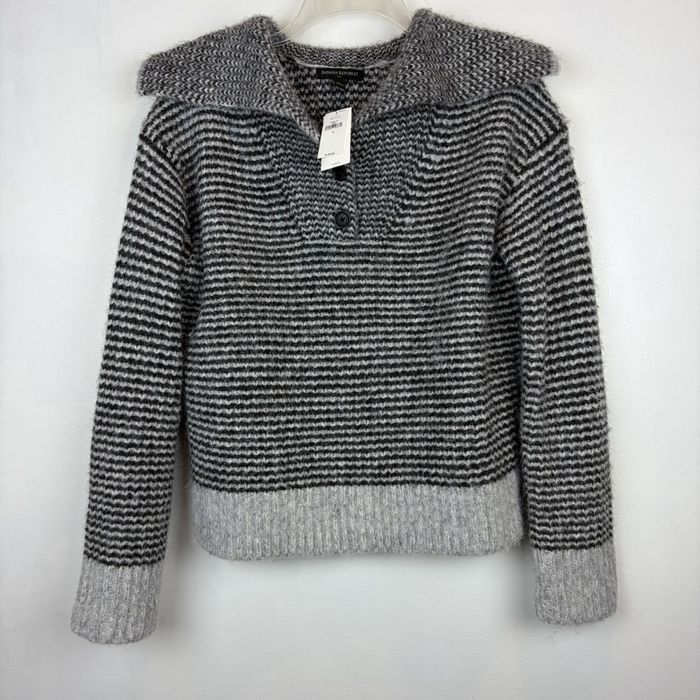 Banana Republic Wide Collar Sweater Womens Gray Striped Cozy Preppy Gift New